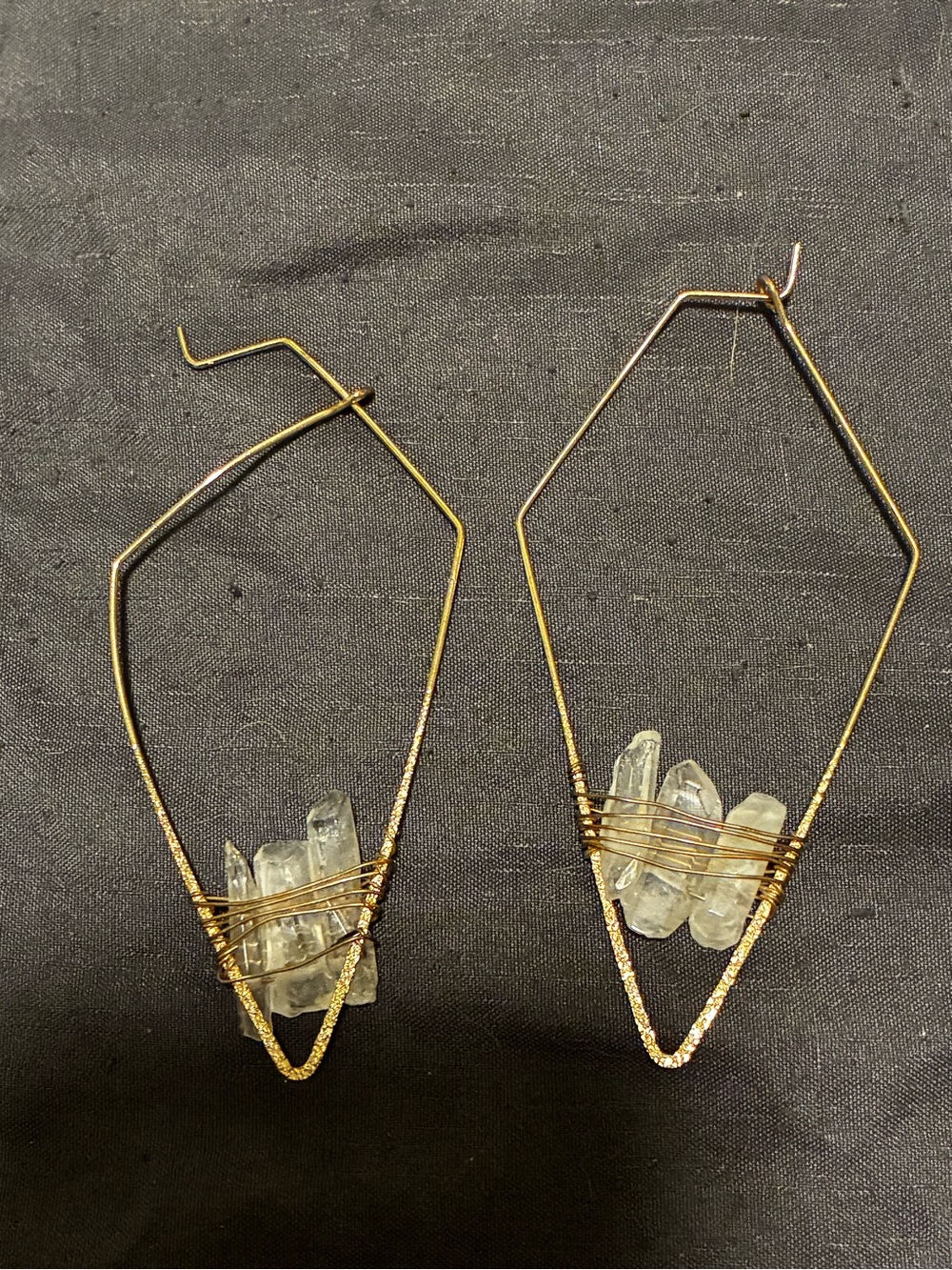Gold Wire Crystal Hoop Earrings - Clear Quartz Accent